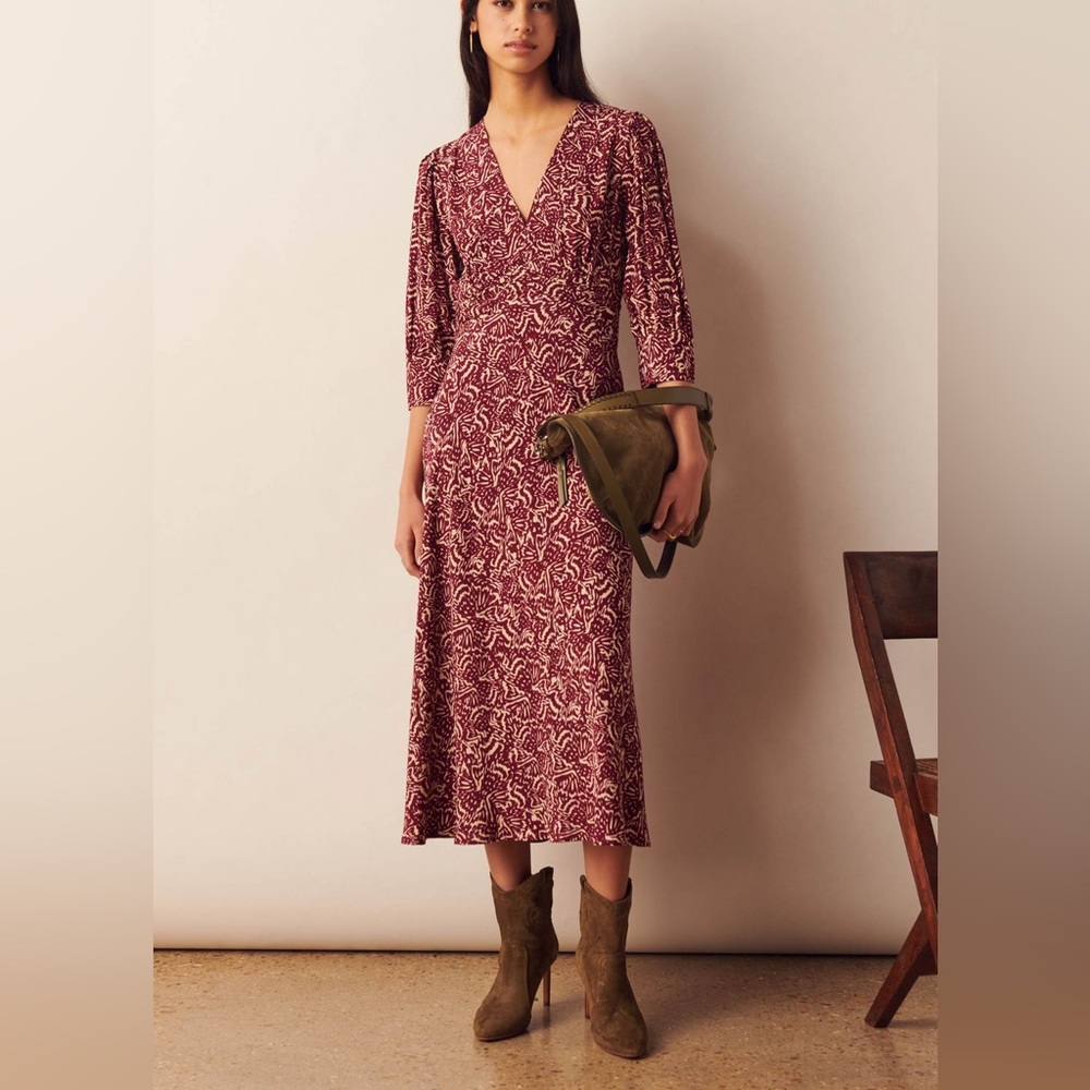 ba&sh Burgundy Printed V-Neck Midi Dress